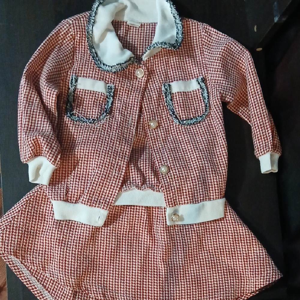 Red Check Tweed Two-Piece Jacket & Skirt Set